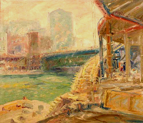 Krehbiel painting of the Lower Deck Along the Chicago River